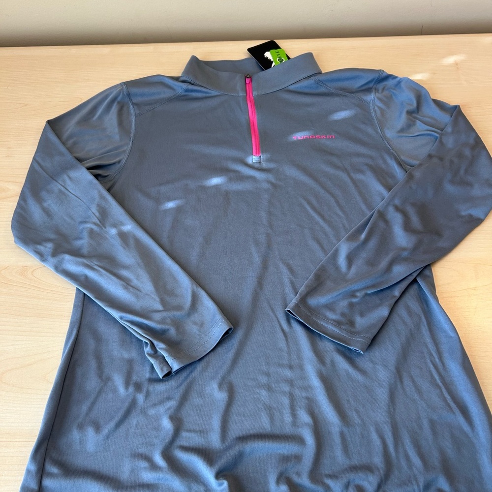 Tunaskin Gray Quarter-Zip Pullover with Pink Accents M